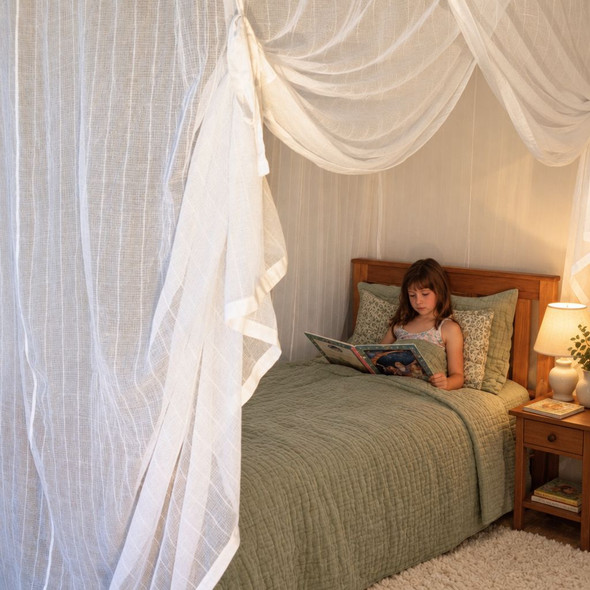 White cotton box mosquito net hanging over a twin size bed