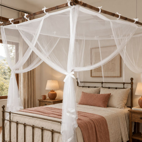 Polyester box mosquito net hung on a bamboo frame