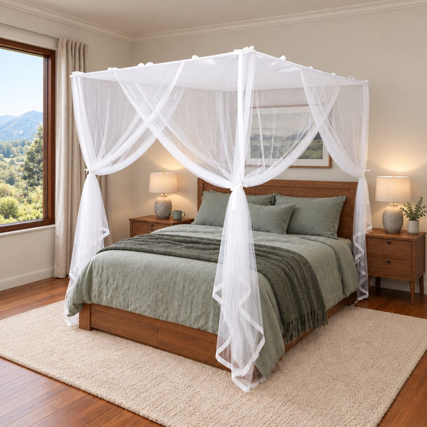 Sheer white box mosquito net hanging over a queen size bed