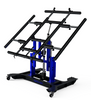Multi-position panel assembly table with side extensions in blue.