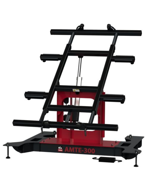 Multi-position panel assembly table, AMTE-300, featured in red powder coat paint.