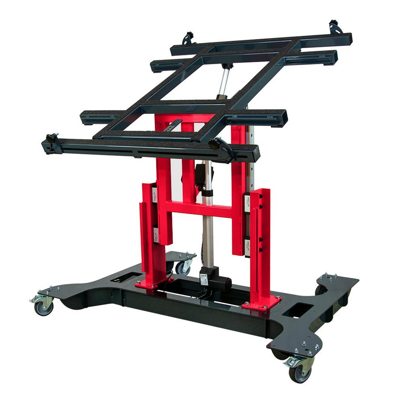 Multi-position panel assembly table with electric tilting and height adjustment raised.