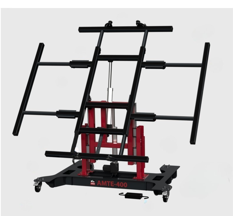 Multi-position panel assembly table with side extensions in red.