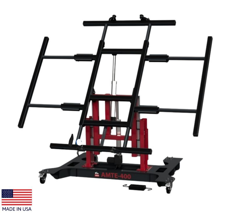 Multi-position panel assembly table with side extensions in red.