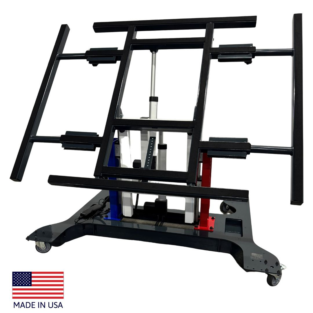 Red, White & Blue Multi-position panel assembly table with side extensions.