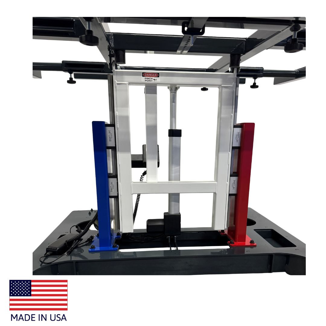 Red, White & Blue Multi-position panel assembly table with full view of base colors.