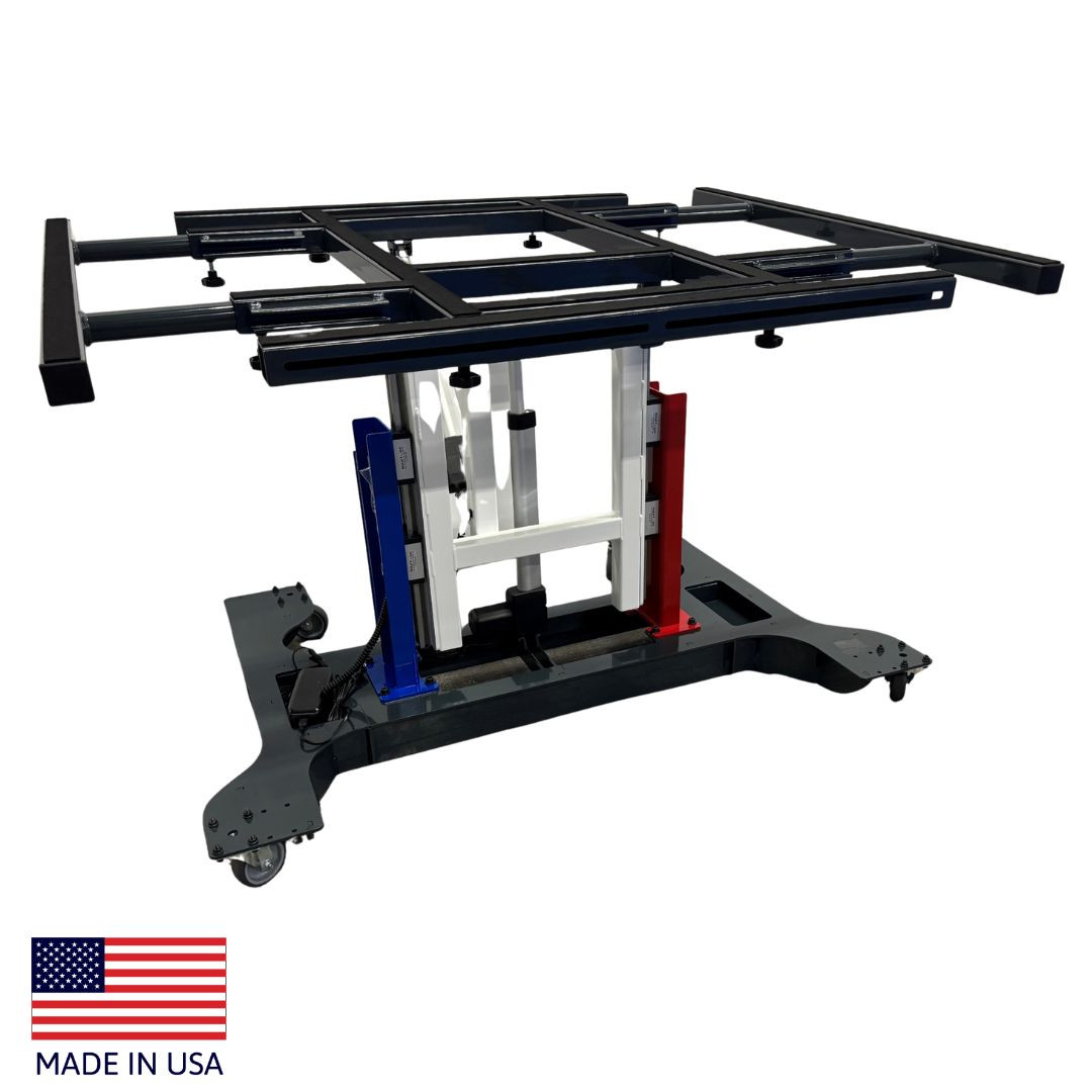Red, White & Blue Multi-position panel assembly table tilted to 0°