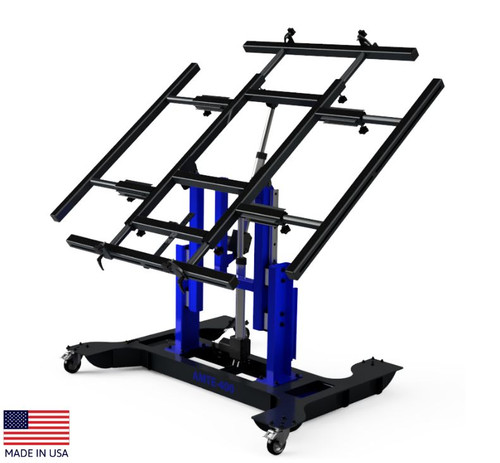 Multi-position panel assembly table with side extensions in blue.