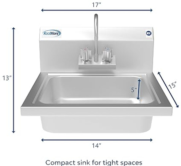 KoolMore Stainless Steel Commercial Hand Sink with Goosneck Faucet 17" x 15" - Wall Mount Hand Wash Sink