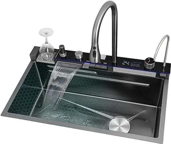 Digital Display Kitchen Bar Sink Honeycomb Stainless Steel Sink Black Smart Workstation Sinks