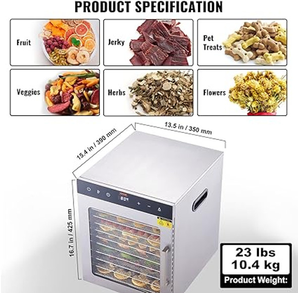 VEVOR Food Dehydrator Machine, 10 Stainless Steel Trays, 800W Electric Food Dryer with Digital Adjustable Timer & Temperature for Jerky