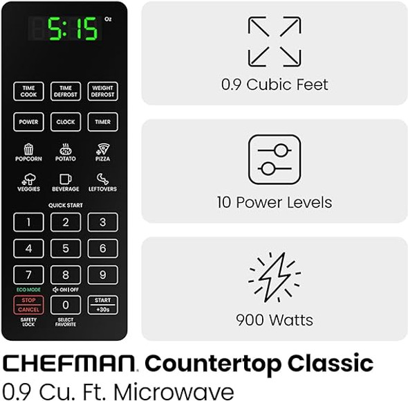 Chefman Countertop Microwave Oven 0.9 Cu. Ft. Digital Stainless Steel Microwave 900 Watt with 6 Presets