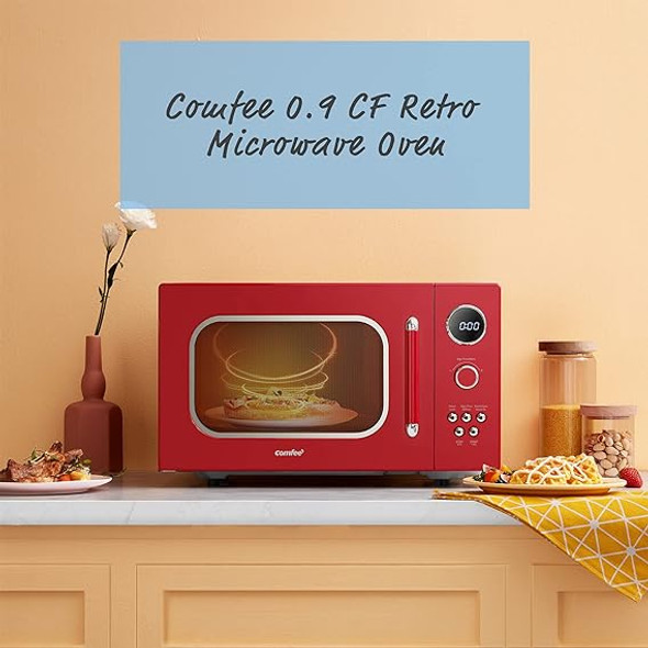COMFEE' CM-M093ARD Retro Microwave with 9 Preset Programs, Fast Multi-stage Cooking, Turntable Reset Function Kitchen Timer
