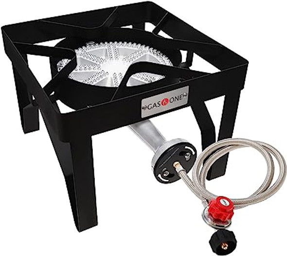 GasOne Single Burner Propane Stove – Square Heavy-Duty Propane Burner – Outdoor Burner with Adjustable 0-20PSI Regulator and Steel Braided Hose