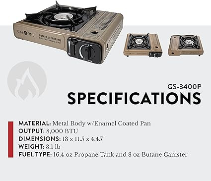 Gas One GS-3400P Propane or Butane Stove Dual Fuel Stove Portable Camping Stove - Patent Pending