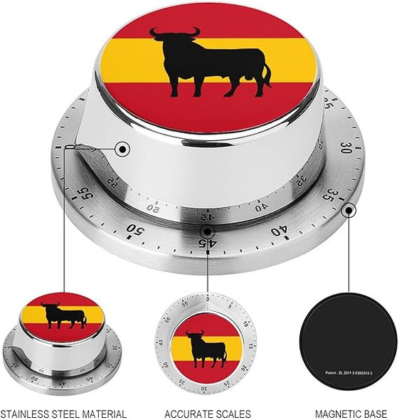 Spanish Bull Kitchen Digital Timer Stainless Steel Mechanical Rotating Alarm Countdown Countup Timers for Cooking Learning
