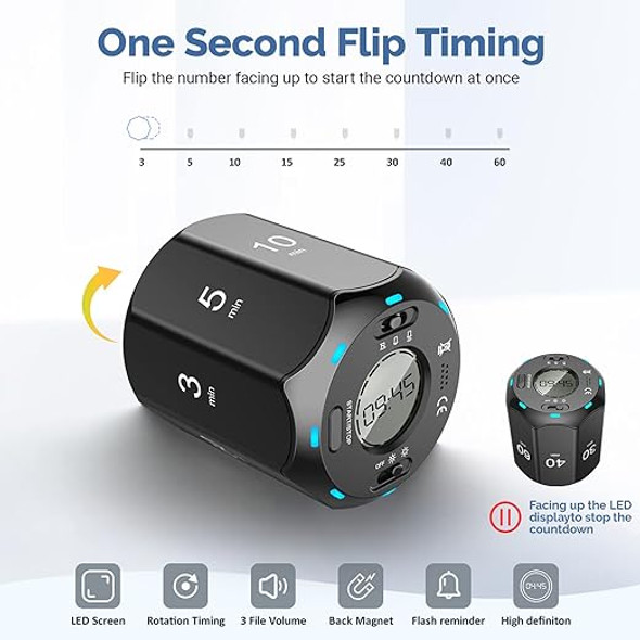 Pomodoro Timer, Digital Cube Timer with 8 Time Presets, Visual Timer for Kids, Kitchen Magnetic Flip Focus Timer, Silent & Alarm Timers for Classroom