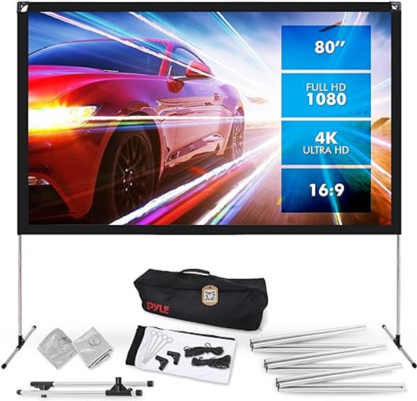 Pyle Projector Screen with Stand - 80" 16:9 HD 4K Portable Lightweight Freestanding Foldable Indoor Outdoor Movie Projection Display with Frame for Home Theater