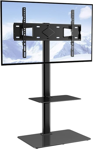VEVOR TV Stand Mount, Swivel Tall TV Stand for 32-65 inch TVs Screen Holds up to 90lb, Height Adjustable Portable Floor TV Stand with Tempered Glass Base for Bedroom