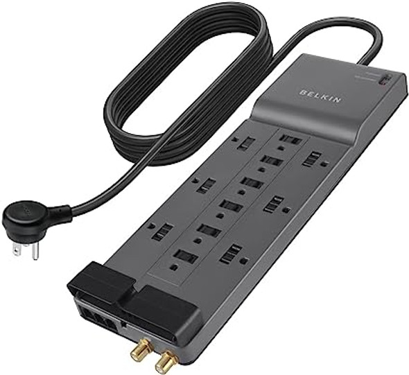 Belkin Power Strip Surge Protector - 12 AC Multiple Outlets & 8 ft Long Flat Plug Heavy Duty Extension Cord for Home