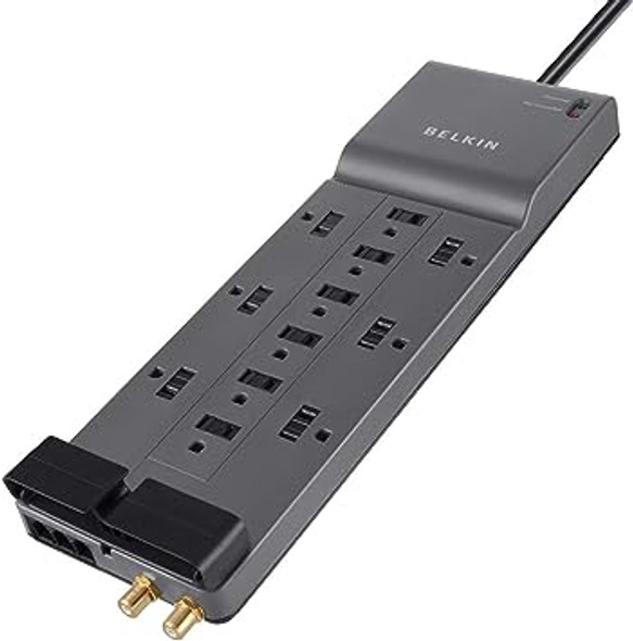 Belkin Power Strip Surge Protector - 12 AC Multiple Outlets & 8 ft Long Flat Plug Heavy Duty Extension Cord for Home