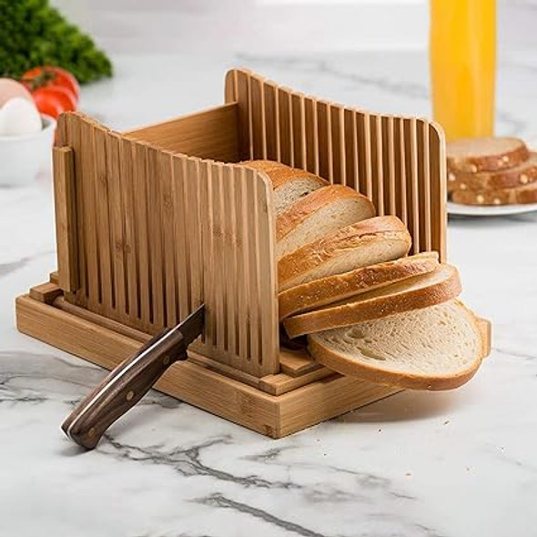 Bread Slicer with Crumbs Tray, Compact Bamboo Bread Cutter