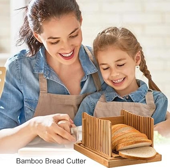 Bread Slicer with Crumbs Tray, Compact Bamboo Bread Cutter