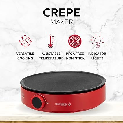 Holstein Housewares 12” Crepe Maker - Adjustable Temperature Control - Nonstick Griddle for Versatile Cooking
