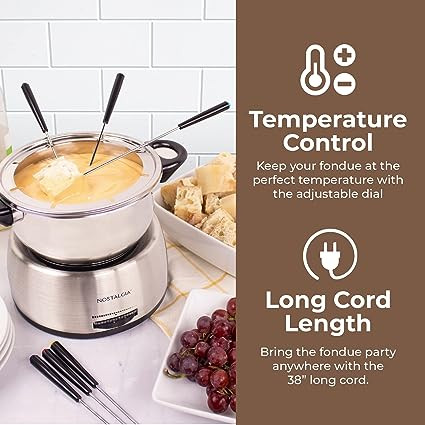 Nostalgia 6-Cup Electric Fondue Pot Set for Cheese & Chocolate - 6 Color-Coded Forks, Adjustable Temperature Control