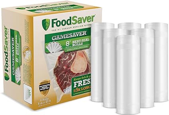 FoodSaver GameSaver Vacuum Sealer Bags, Rolls for Custom Fit Airtight Food Storage and Sous Vide, 8" x 20' (Pack of 6),Green