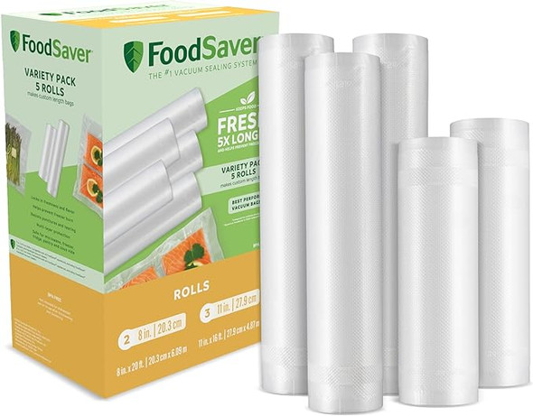 FoodSaver Vacuum Sealer Bags, Rolls for Custom Fit Airtight Food Storage and Sous Vide, 8" (2 Pack) and 11" (3 Pack) Multipack (Packaging May Vary)