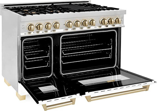 ZLINE Autograph Edition 48" 6.0 cu. ft. Dual Fuel Range with Gas Stove and Electric Oven in Stainless Steel with White Matte Door and Gold Accents