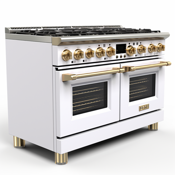 ZLINE Autograph Edition 48" 6.0 cu. ft. Dual Fuel Range with Gas Stove and Electric Oven in Stainless Steel with White Matte Door and Gold Accents