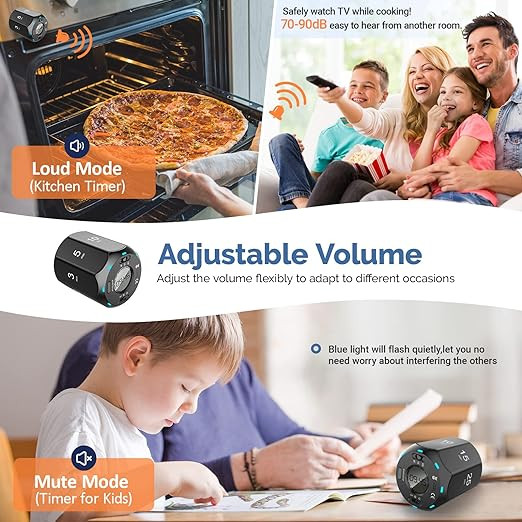 Pomodoro Timer, Digital Cube Timer with 8 Time Presets, Visual Timer for Kids, Kitchen Magnetic Flip Focus Timer, Silent & Alarm Timers for Classroom