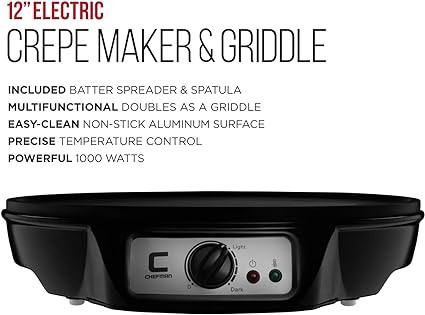 CHEFMAN Electric Crepe Maker: Precise Temp Control, 12" Non-Stick Griddle, Perfect for Crepes, Tortillas, Blintzes, Pancakes, Waffles, Eggs, Bacon, Batter Spreader & Spatula Included, Black