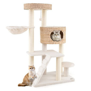 Modern Cat Tree for Indoor Cats with Cattail Fluff Condo and Top Perch-Natural B593-PV10204