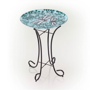 Teal Green Blue White Mosaic Glass Birdbath Bowl with Black Metal Stand Q280-GRMDBMS574293681
