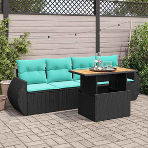 5 Piece Patio Sofa Set with Cushions Black Poly Rattan A949-3327207 5 Piece Patio Sofa Set with Cushions Black Poly Rattan A949-3327207
