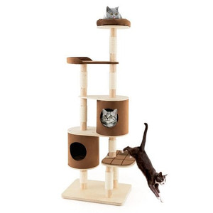 6-Tier Wooden Cat Tree with 2 Removeable Condos Platforms and Perch-Brown B593-PV10070 6-Tier Wooden Cat Tree with 2 Removeable Condos Platforms and Perch-Brown B593-PV10070
