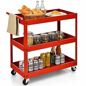 Red Steel Frame Kitchen Serving Utility Cart on Wheels with 2 Bottom Shelves Q280-RTUCSFW891573692