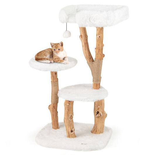 44 Inch Solid Wood Cat Tree with Perch and Natural Jute Scratching Posts-White B593-PV10207