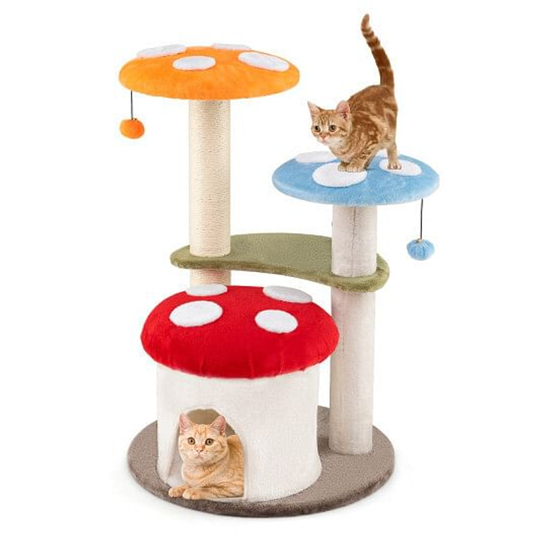 35 Inch Tall Cat Tower with Sisal Scratching Posts Cat Condo and Padded Platforms-Multicolor B593-PV10269