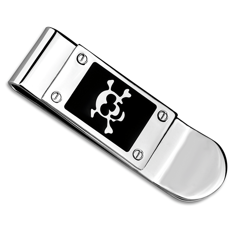LO4131 - Rhodium Brass Money clip with Epoxy  in Jet A874-LO4131