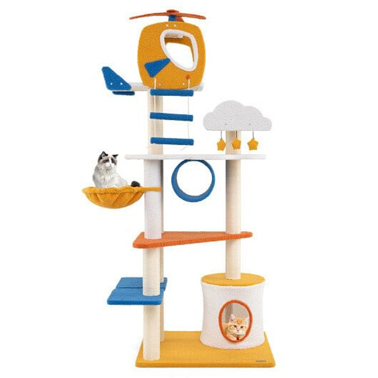 70 Inch Tall Aviation-themed Cat Tree with Helicopter Top Perch and Platforms-Yellow B593-PV10219