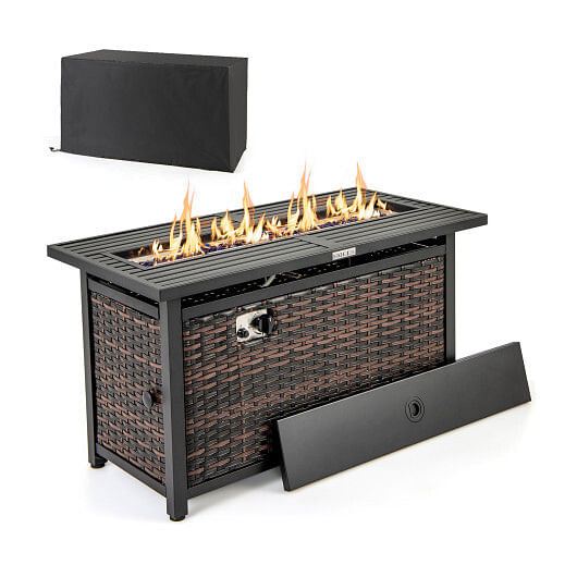 45 Inch Propane Rattan Firepit Table with Glass Stones and Protective Cover-Mixed Brown - Color: Br D681-NP11847BN