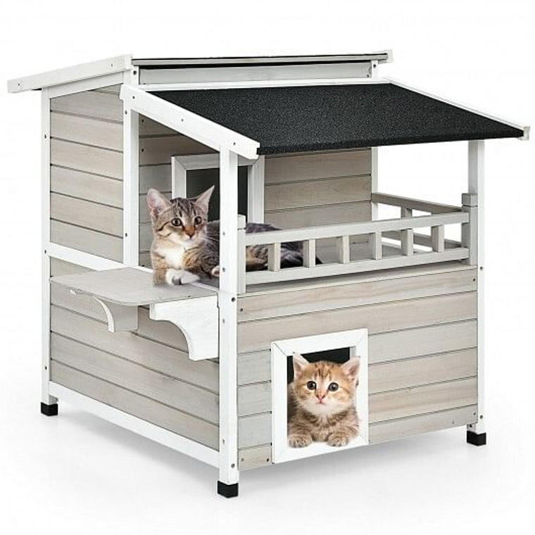 2-Story Wooden Patio Luxurious Cat Shelter House Condo with Large Balcony B593-PS7441