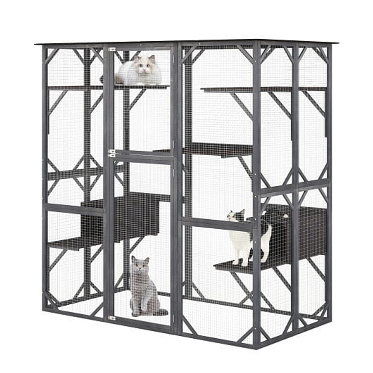 71 Inches Tall Outdoor Wooden Cat House with Weatherproof Asphalt Roof-Gray B593-PV10076+