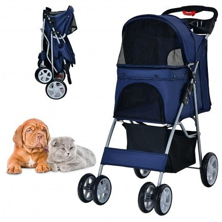 Folding Pet Stroller with Storage Basket and Adjustable Canopy-Navy - Color: Navy D681-PS7427NY