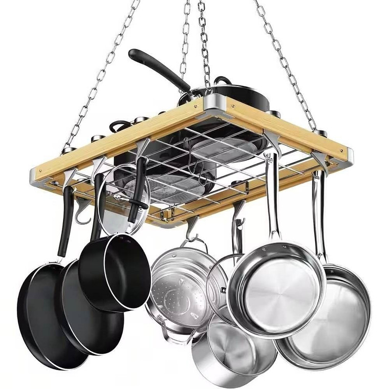 Rectangular 23.5-inch Metal Wood Ceiling Mounted Kitchen Pot Rack Q280-CMWPR1129042583