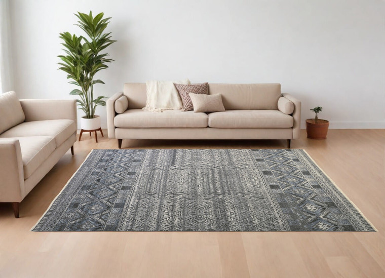 6' X 9' Gray Ivory and Blue Geometric Hand Knotted Area Rug N270-566384